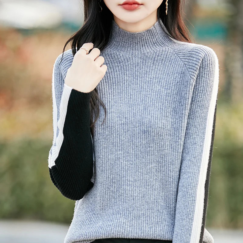 Spring 2025 100 Pure Wool Sweater Ladies SemiHigh Neck Loose Pullover Fashion Long Sleeve Color Matching Knit Base Shirt 250530