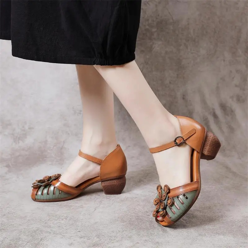 WOIZGIC Women Mother Ladies Female Genuine Leather Sandals Shoes Platform Summer Cool Beach Retro Flowers High Heel Buckle Strap 250605