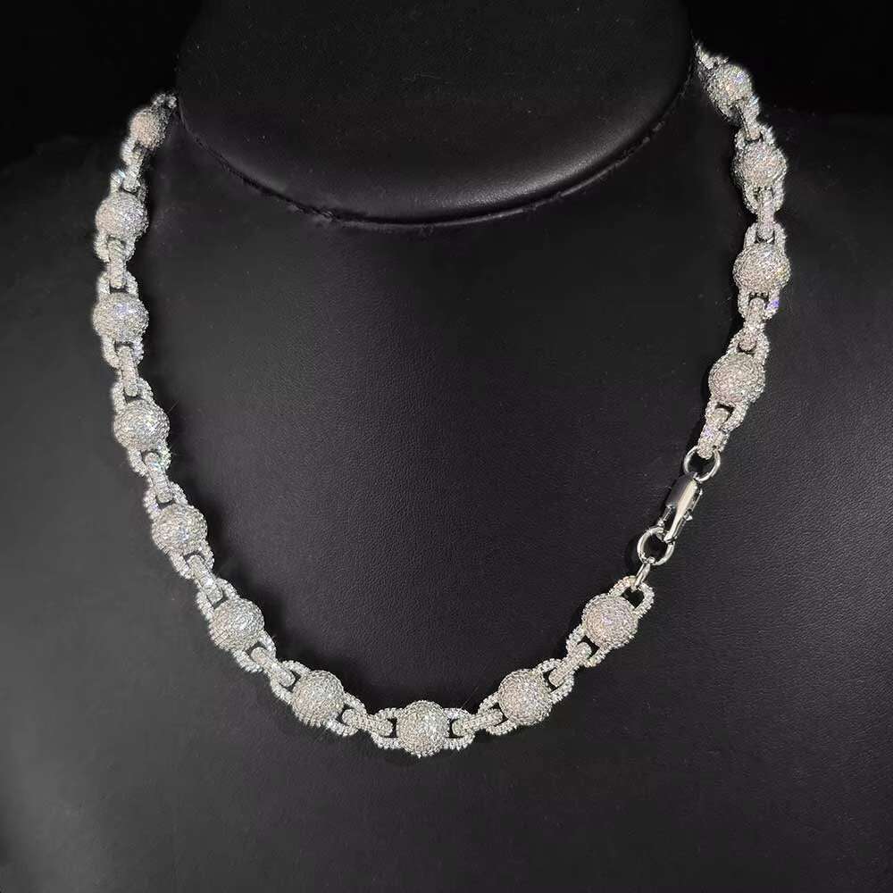 Hip Hop Jewelry 10.5mm Iced Out Diamond Bead Necklace Full Pave MoissaniteStone Silver Plated Ball Chain Necklace for Women