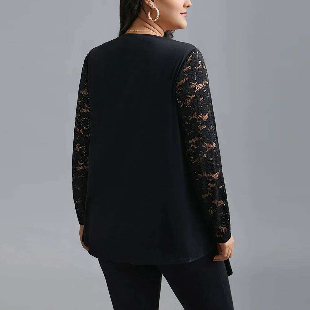 Women's Plus Size Elegant Cardigans Floral Lace Patchwork Long Sleeves Asymmetrical Spring Office Ladies Loose Solid Outwears