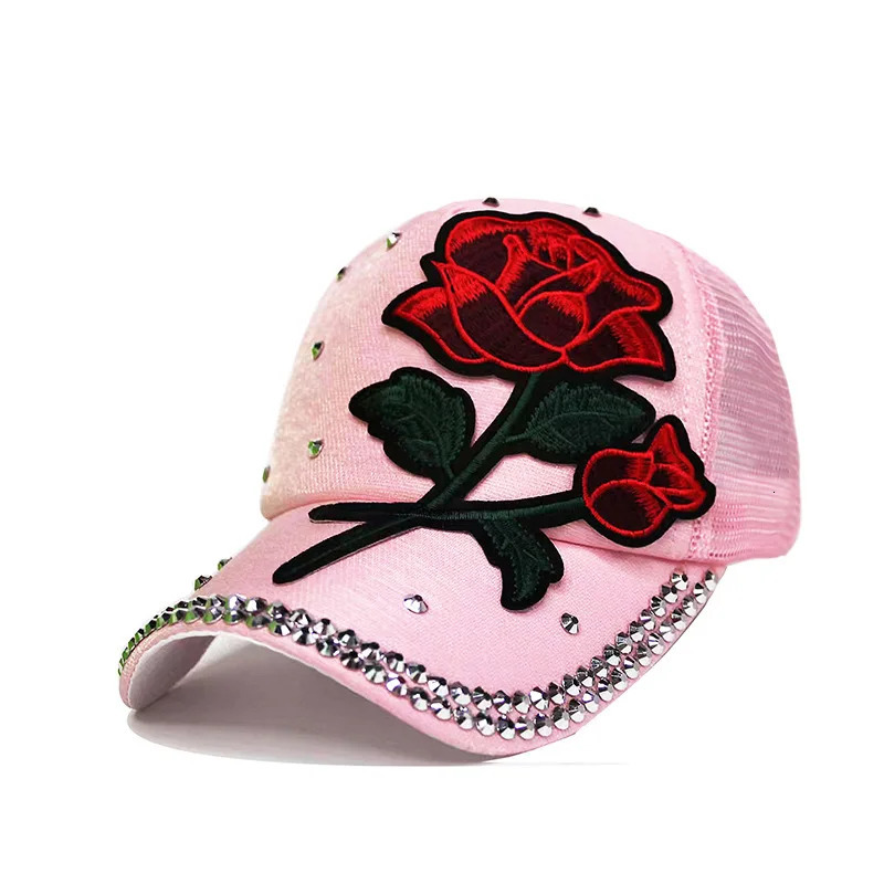 Embroidered rose baseball cap with mesh and diamond inlay summer womens versatile casual sun protection hat 250603