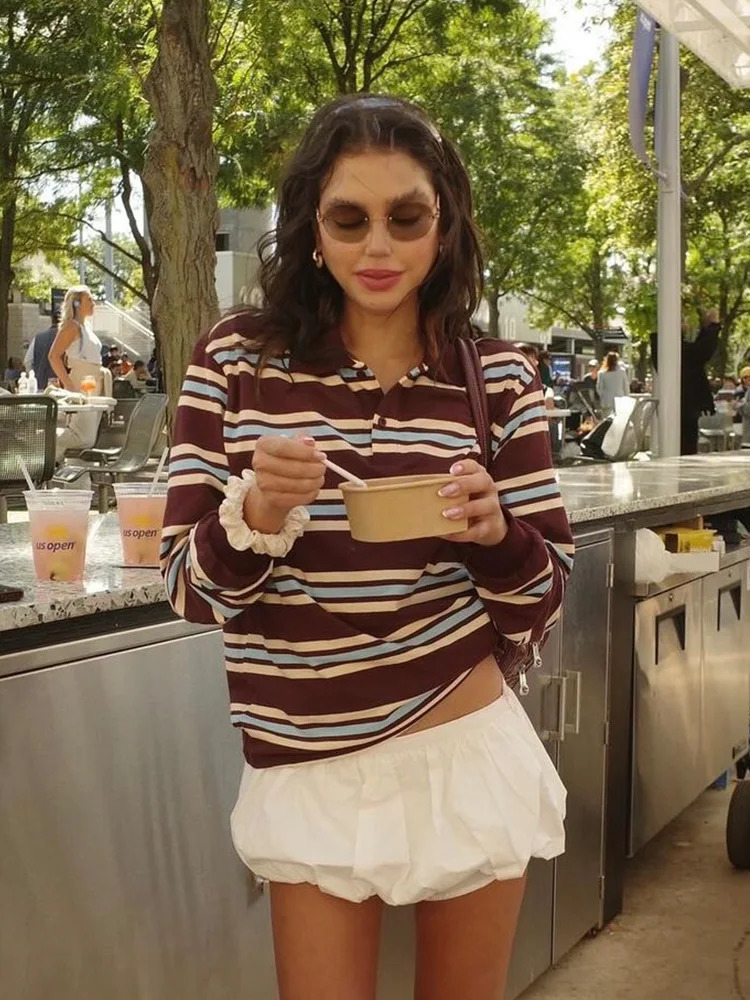 Foridol Burgundy Striped Casual Women Tshirt Summer Loose Polo Shirts Buttons Female Tops Blouse White Spring Shirt 250604