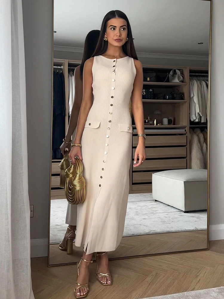 Elegant Knitted Long Dresses Women Summer O Neck Sleeveless Single Breasted Pockets Bodycon Dress Fashion Office Lady Robes 250604