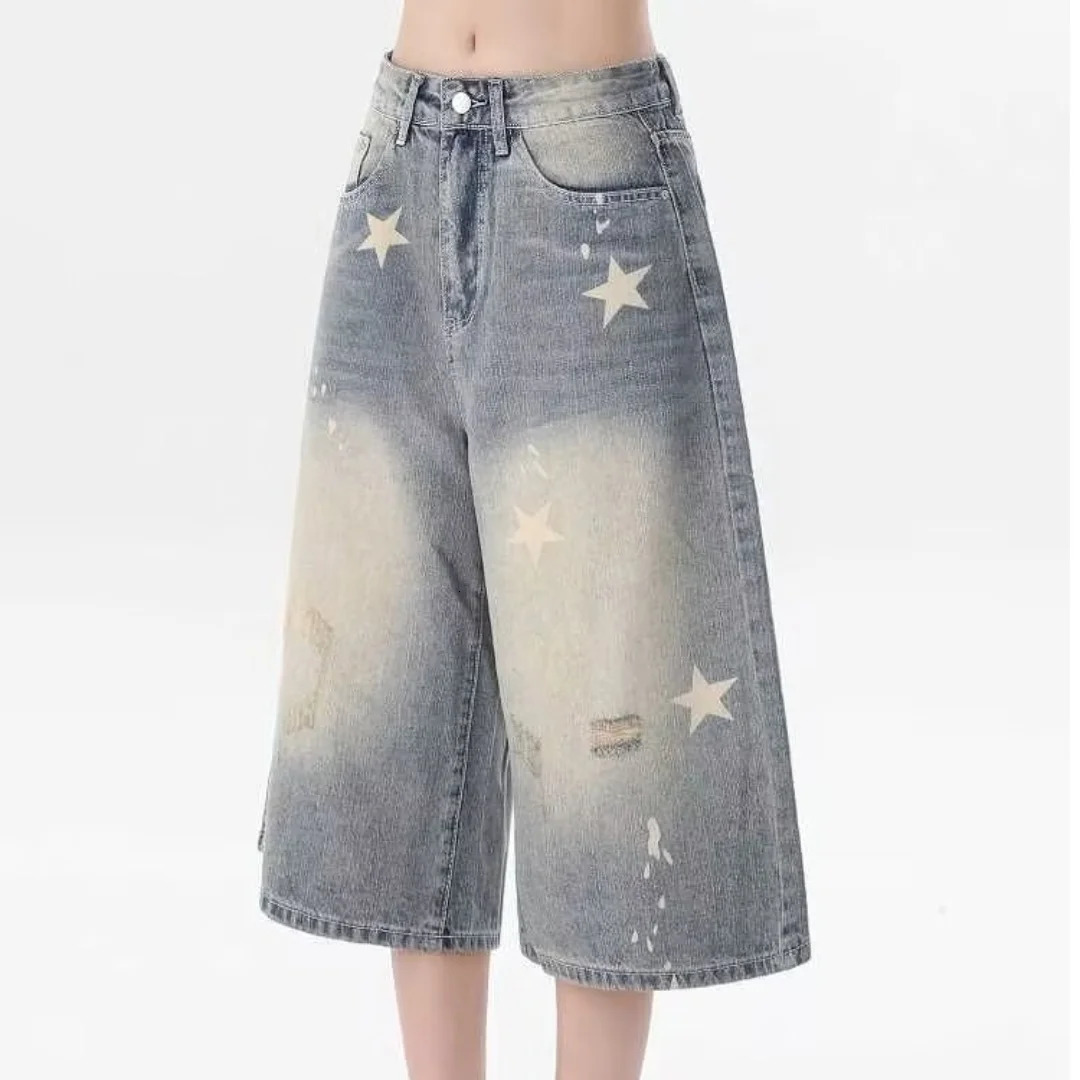 DM American Vintage Washed Star Denim Shorts Y2k High Waist Straight Wide Leg Jeans Loose KneeLength Pants 250604