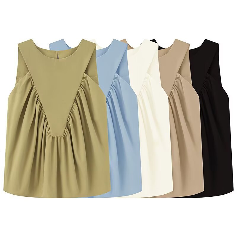 Z Womens Fashion 2025 Summer New Style Simple Versatile Solid Color Pleated Sleeveless Tank Top T200502
