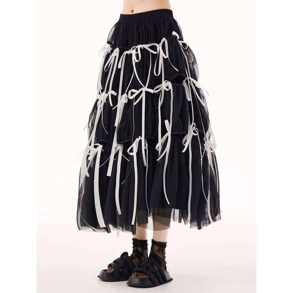 EAM High Elastic Waist White Mesh Bangage Color-Block A-Line Half-Body Skirt Women Fashion Tide New Spring Autumn 2025 1Dh9504