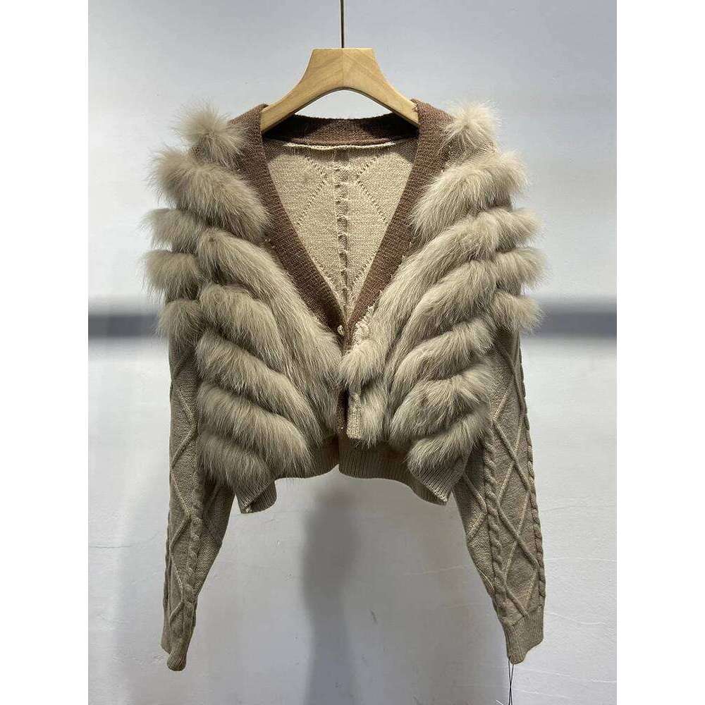 2024 Autumn Women Khaki Fox Sweater Real Fur Spring Special Design Knitted Jacket Wear