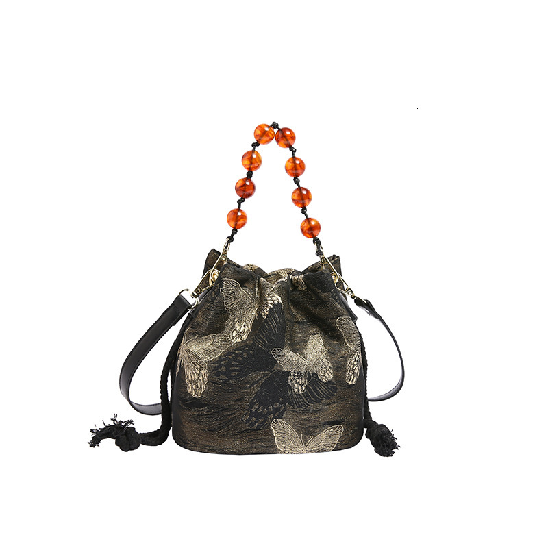Free Shipping Designer Bag Fashionable New Black Gold Butterfly Crossbody Flower Texture Bucket Pearl Handheld Chinese Style Women's Bag
