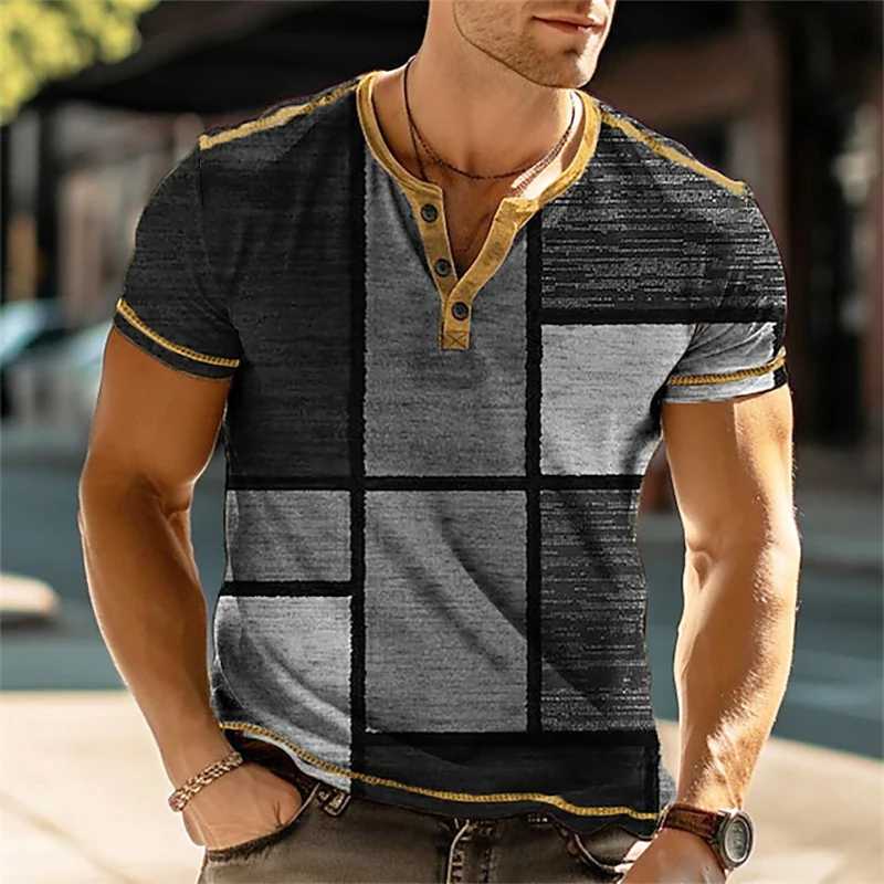 Henley Vintage 3D color block printed mens shirt retro short sleeved mens T-shirt oversized fashionable button top summer casualXJ250605
