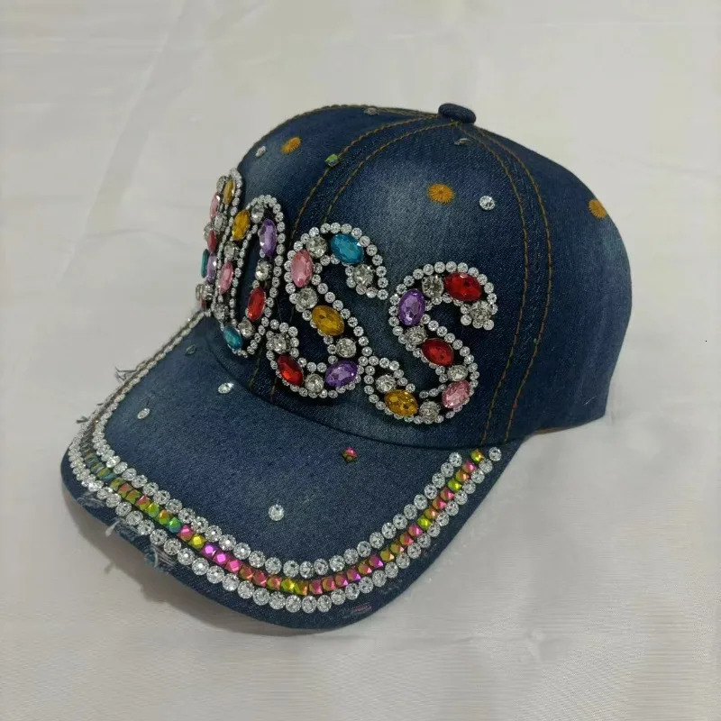 2025 Diamond Studded Letter BOSS Baseball Cap Denim with Holes Versatile Outdoor Sunshade and Sun Protection Hat for Women 250603