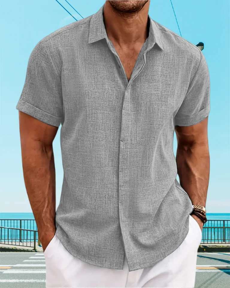 2025 New Mens Summer Hawaiian Daily Versatile Casual Solid-Color Lapel Cardigan Comfortable Beach Short-Sleeved Shirt Top XJ250605