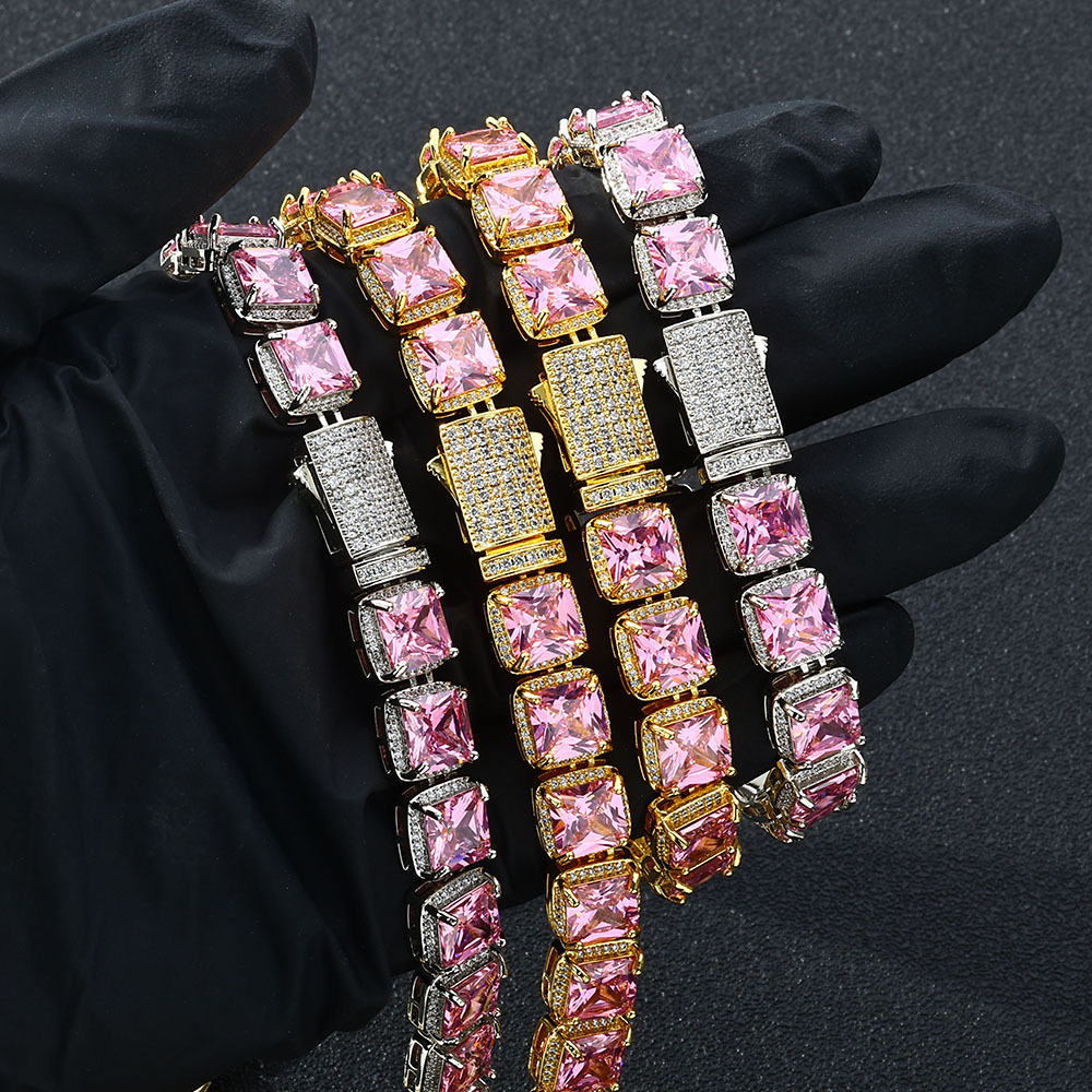 10mm Rock Candy Chain Pink Moissanite Bracelet Hip Hop Jewelry Versatile High-end Mens Bracelet