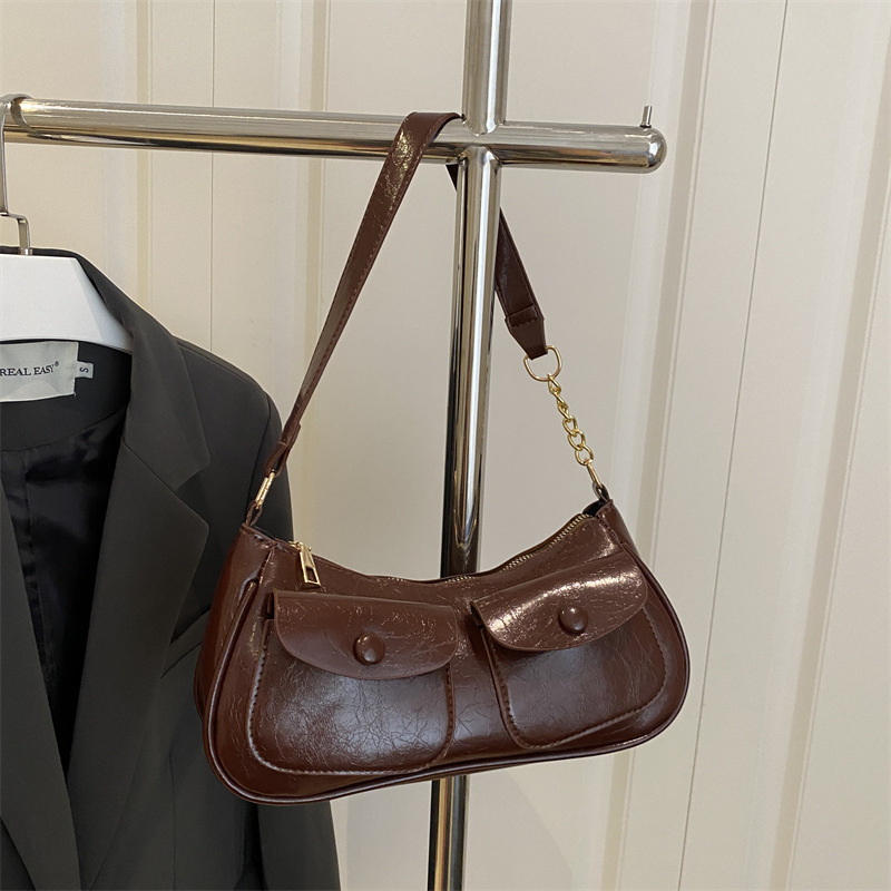 designer Vintage Commuter Underarm Bag for Women 2025 New Fashion Casual Double Pocket Leather Shoulder Bag Niche Stylish Handbag