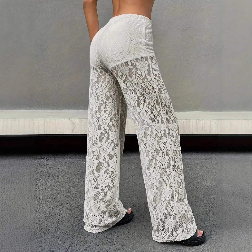 Fashionable and Sexy Versatile Waist Collection Lace Jacquard Micro Transparent Straight Leg Casual Pants Long Pants 250604