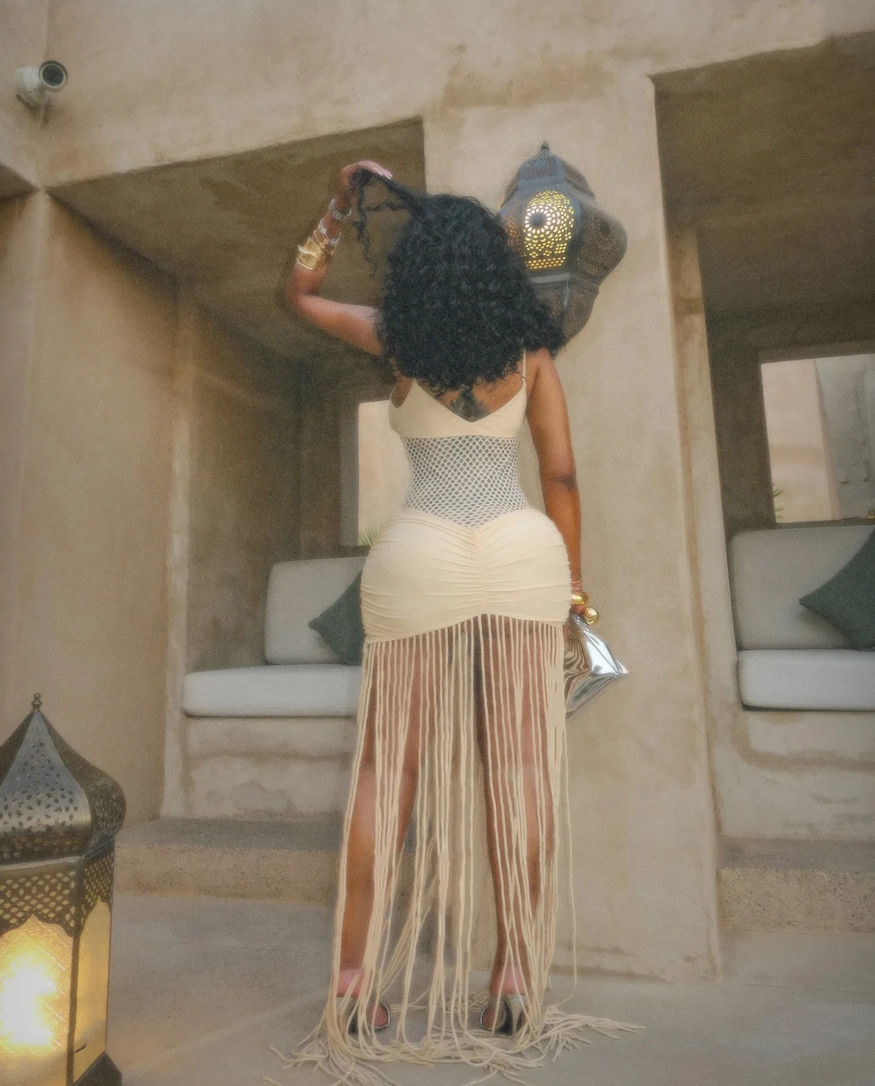 VEITCHE Summer Sexy Hollow Out OffShoulder Mesh Wrap Women Long Dress Pleats Hem Tassel Slim Fit Beach Party Dress 250604