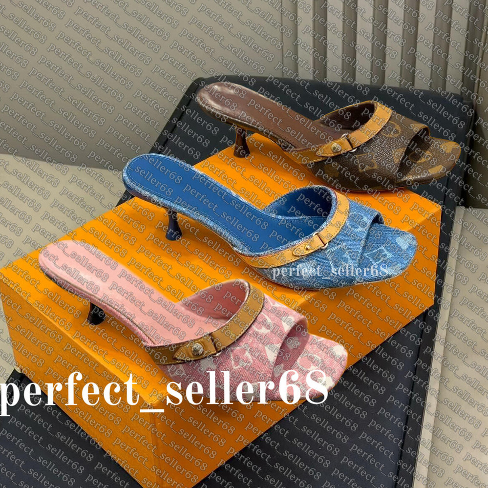 Designer Pink Denim Heels Slippers Sandals Womens Denim heel Slides Blue Mule Woman Revival Leather Heel Kitten Heel Beach casual Sliders with box