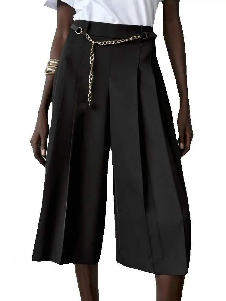 Fashion Women Vintage High Waist Straight Trousers with Belt Female Casual Summer Elegant Knee Length Street Wide Leg Pants 250604