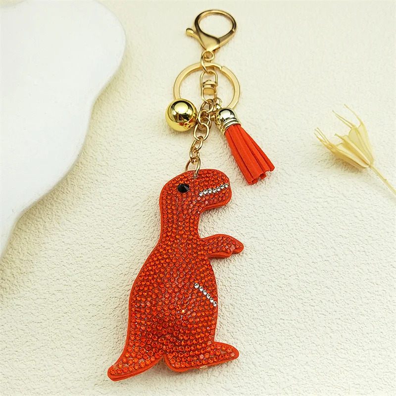 Two Kawaii Dinosaur Animal Keychain Women Men Orange Green Color Rhinestone Tassel Female Charm Bag Decoration Key Ring Jewelry 250605