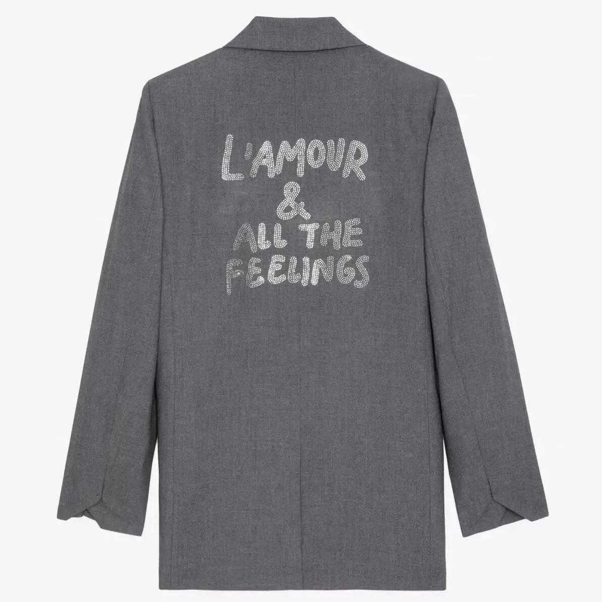 Embellished Rhinestone Blazer Grey Button Fastening Pockets Long Sleeve Autumn Winter Jacket Women