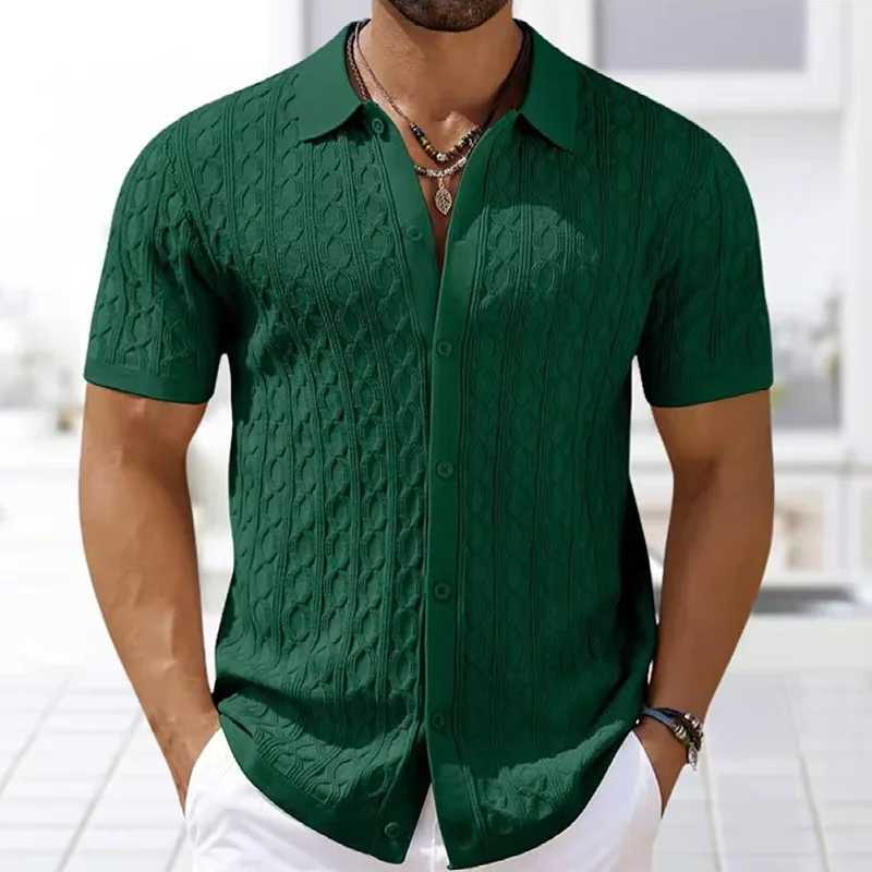Summe Embroidery Mens Short Sleeved Fashion Knitted Shirt 2025 Mens Business Solid Color Casual Button Cardigan POLO Shirt Top XJ250605