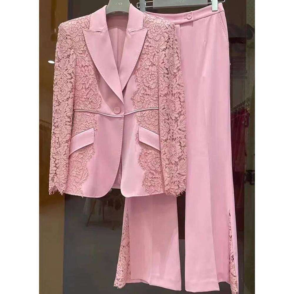 HIGH STREET Newest 2024 Runway Designer Suit Women's Lace Patchwork Single Button Blazer Flare Pants Set 2pcs