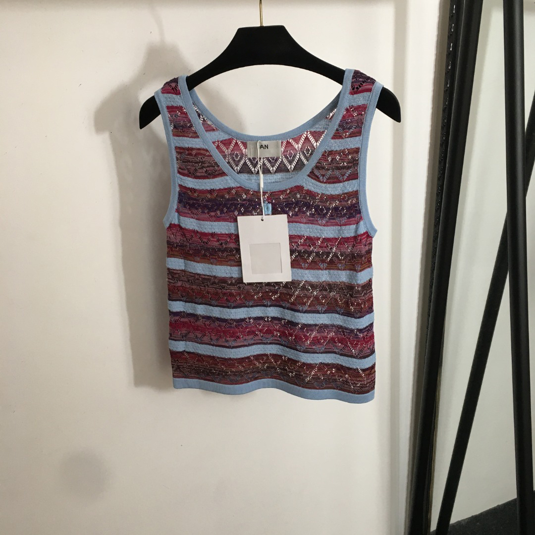 vest luxurious women brand clothing girl summer tops fashion flocking logo lady slim fit vest ladies color blocked striped hollow knitted vest Jun 04