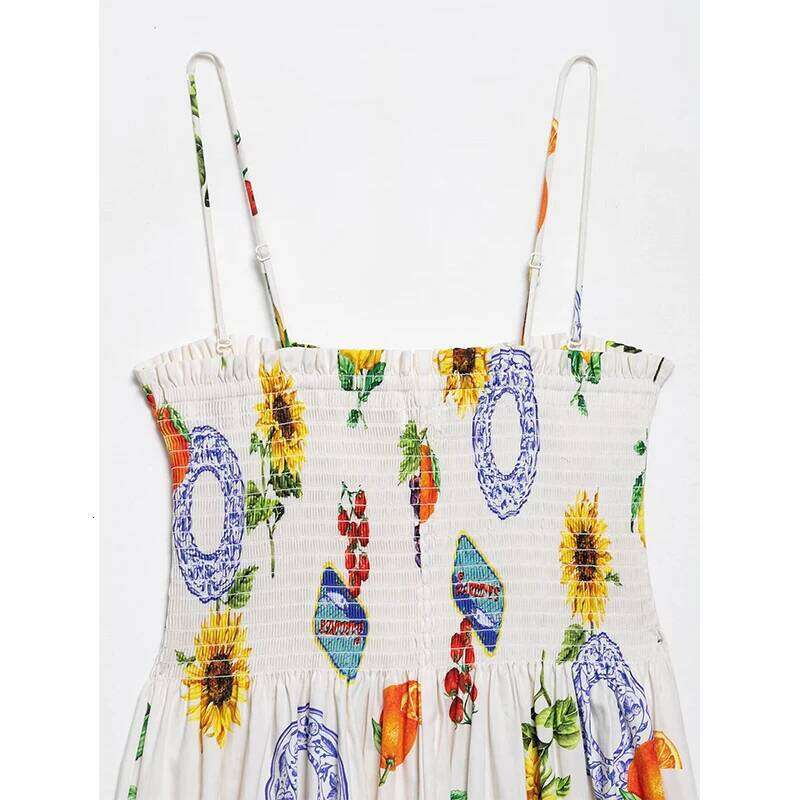 RAFZNB Women's Print Pleated Fashion Thin Straps Sleeveless Dress Summer Sexy Off Shoulder Female Elegant Party Dresses