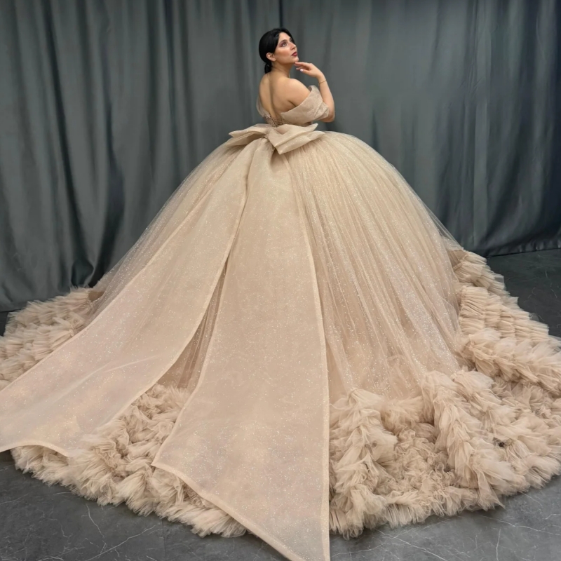 Champagne Shiny Quinceanera Dresses Beads Appliques Tiered Tull Ball Gown Off The Shoulder Birthday Formal Party Vestidos 15 Anos