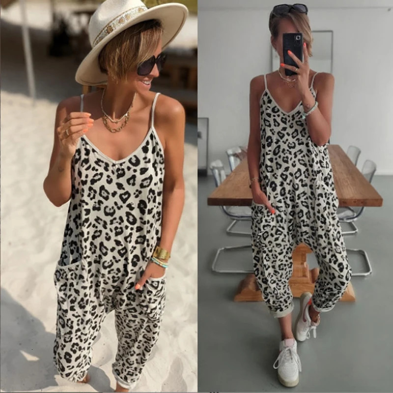 Suspender Jumpsuit Womens Summer Leopard Print Loose Casual Pants for Women Sexy Outfits 250604