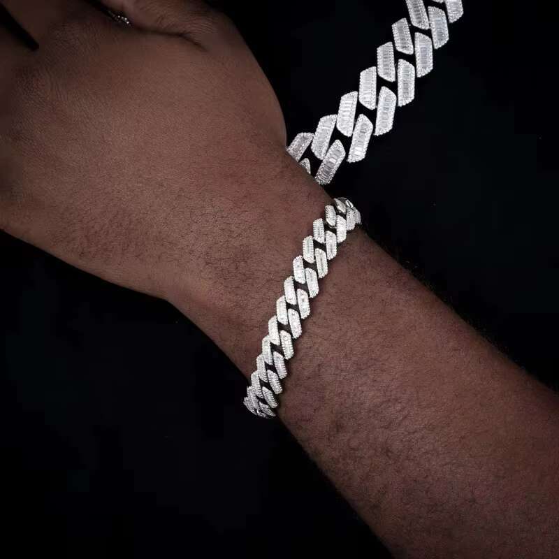 High Quality Unisex Geometry Iced Out Baguette VVS1 Moissanite Cuban Chain Necklace 925 Silver For Men Hip Hop Jewelry