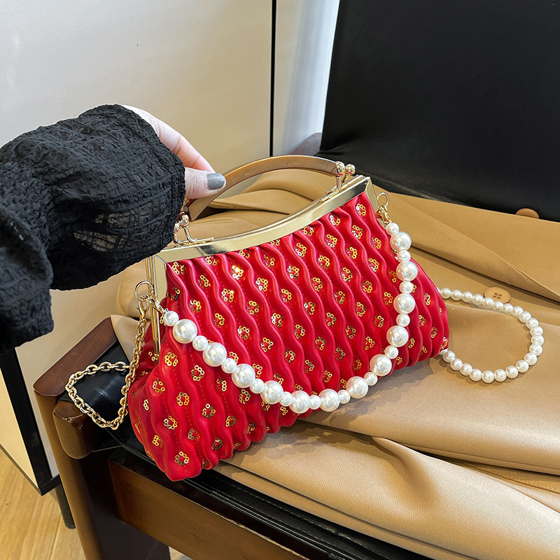 High Quality New Style Chain Beaded Handbag Evening Bag for Women 2025 New Fashion Single Shoulder Bag Retro Texture Crossbody Bag New Free Delivery D