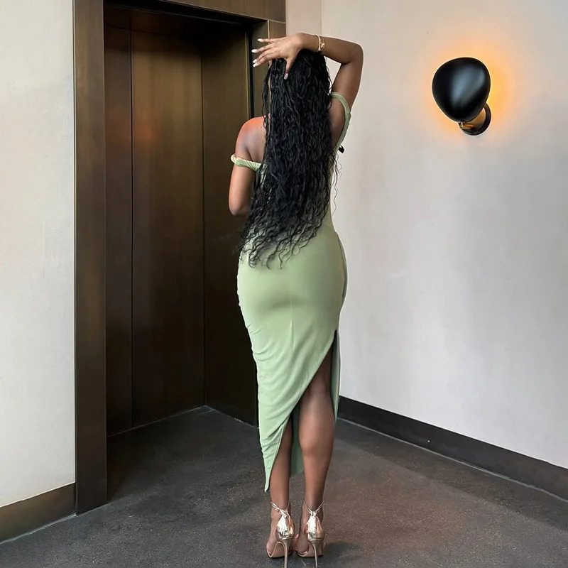 VEITCHE Summer Elegant Women Strapless Shirring Maxi Dress Sexy Wrap Chest Split Irregular Party Bodycon Dresses Holiday 250604