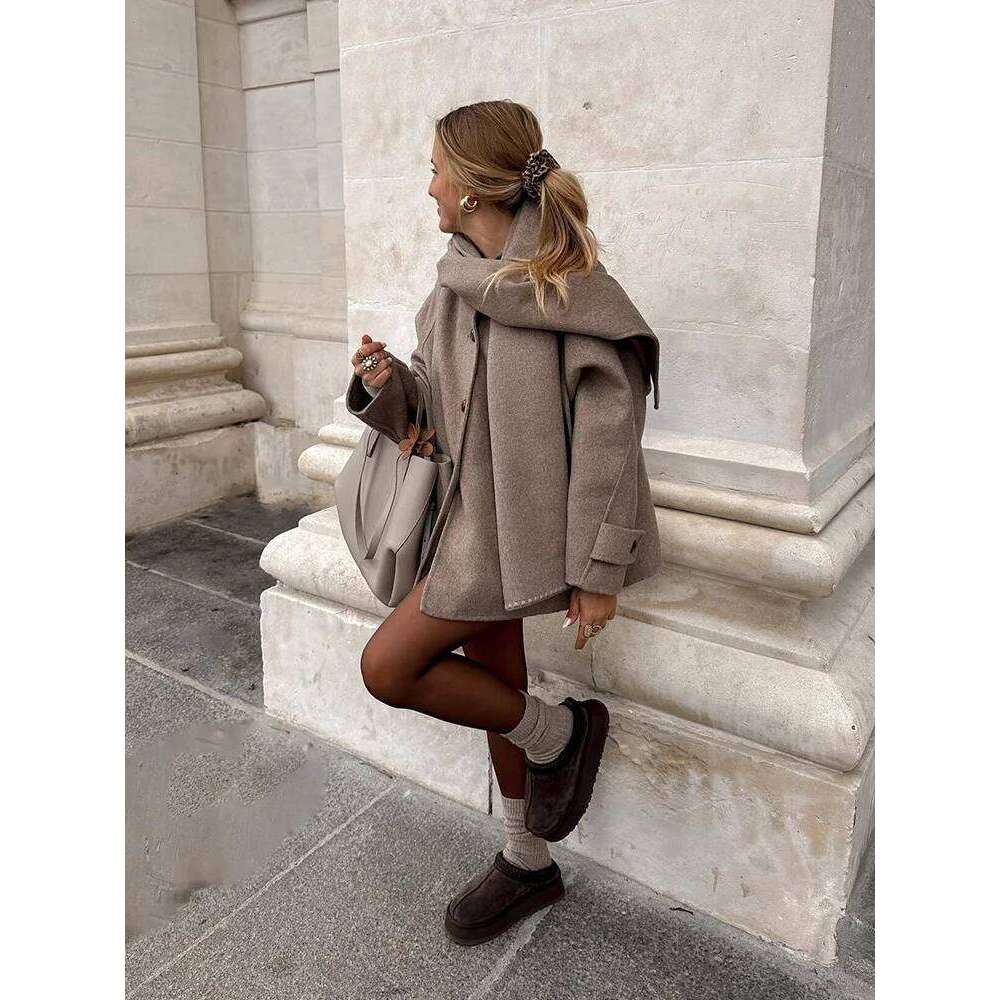 Coats Designer Women TRAF Premium Scarf Trimmed Button Long Sleeve New Solid Colour Fashion Tweed Jacket Temperament Women's Clothing Designer