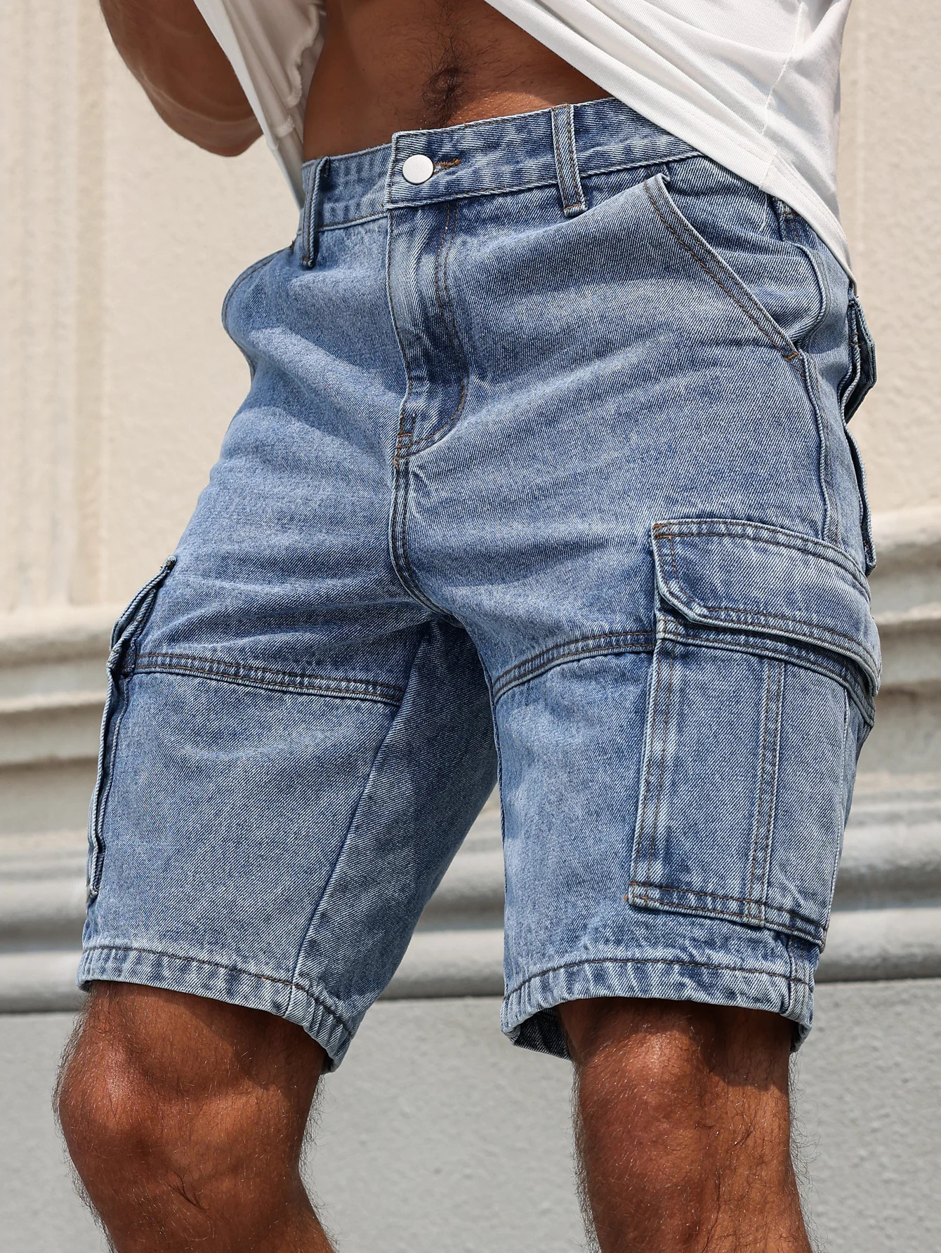 Mens summer blue regular denim shorts. Multi-pocket . Stylish and casual. 250604