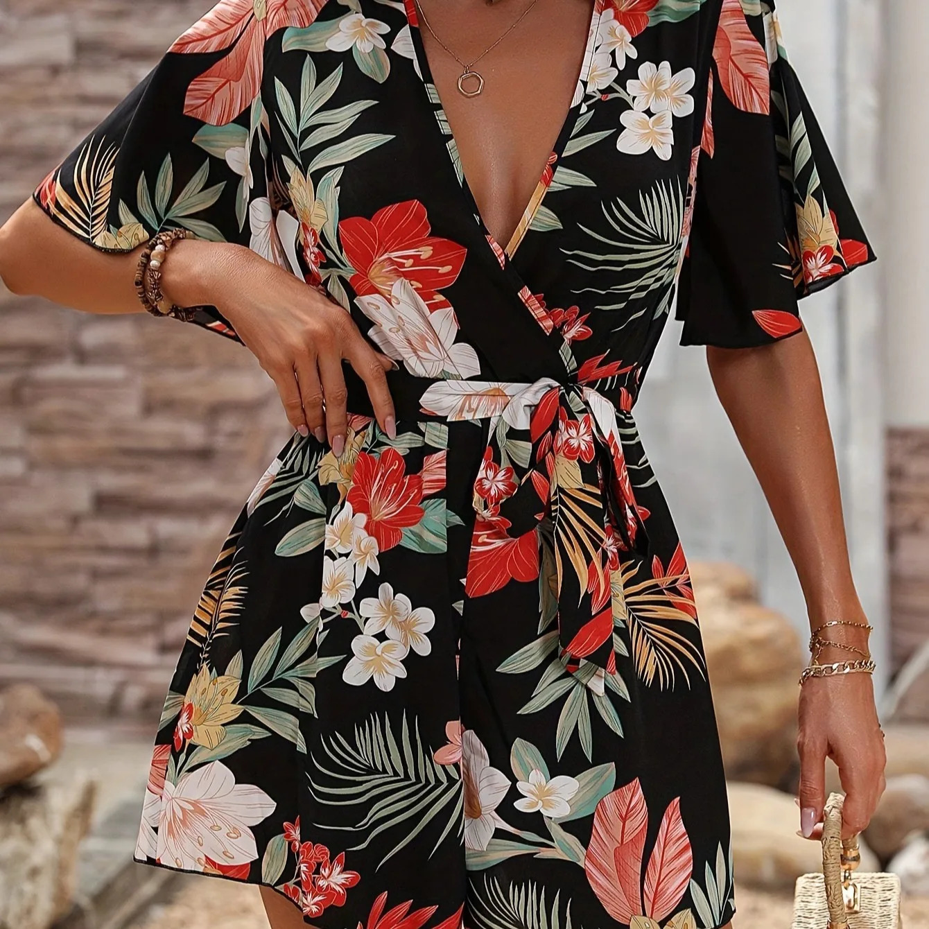 Bohemian Floral Print Short Jumpsuits For Women Summer Sleeve Wide Legs One Piece Elegant Beach Wear Casual Outfit 250604