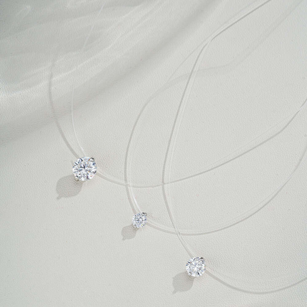 DHCollections 26 Inch Invisible Fish Line Moissanite Pendant Necklace 925 Sterling Silver Round Cut VVS1 Diamond Simulated Jewellery for Engagement or