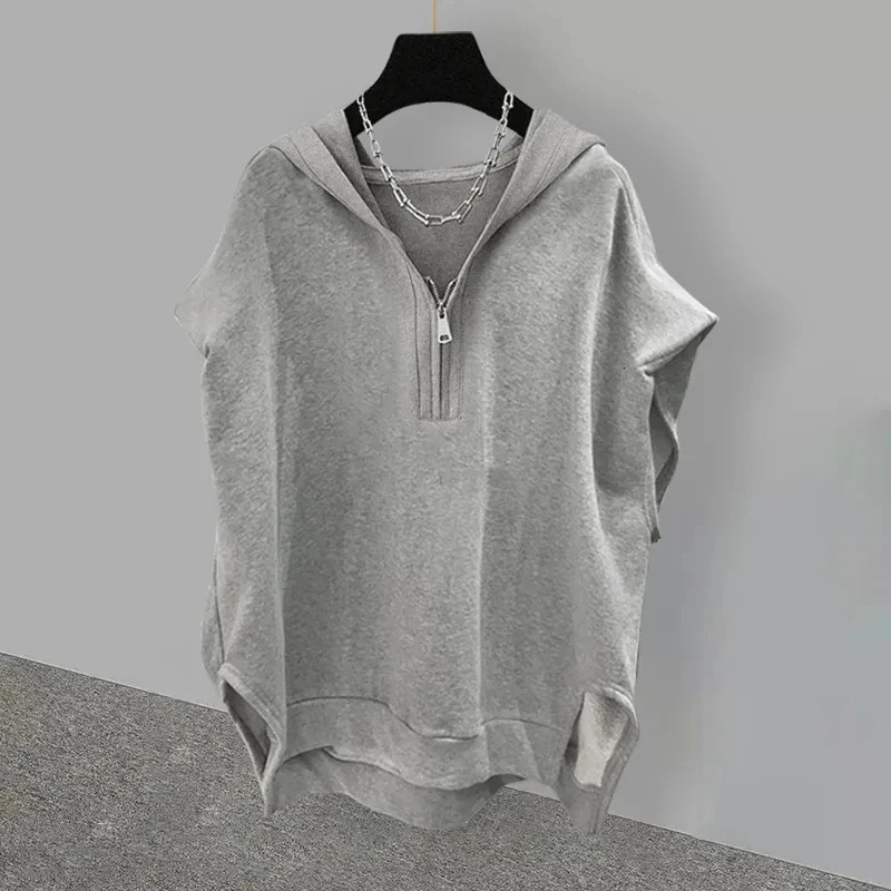 Sleeveless Zippered Half Open Collar Hooded Top Trendy Street Korean Version Womens Loose Versatile SpringSummer hoodies 250604