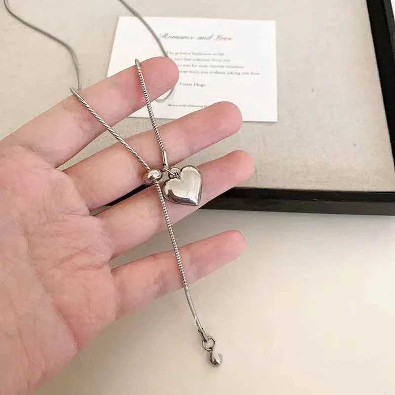 Stainless Steel Long Necklace with Heart Pendant Adjustable Chain Sweater Jewelry for Women Accessories XJ250604