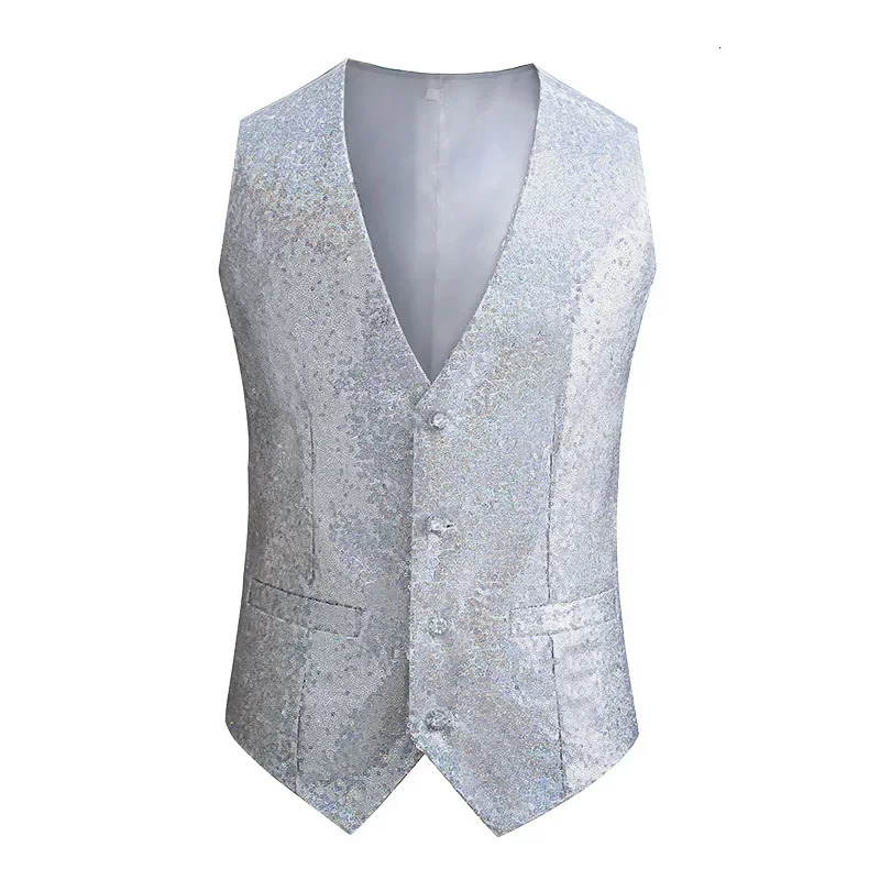 Men Sequin Suit Vest Gold Silver Black Red Fashion Singer Host Pianist Stage Performance Dress Waistcoat 250605Z
