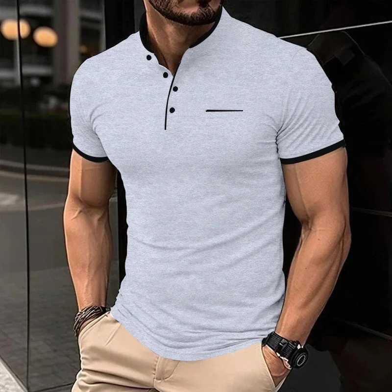 2025 New Mens Casual and Fashionable Solid Color Short Sleeved Stand Up Collar T-shirt Summer Versatile and Comfortable Top XJ250605