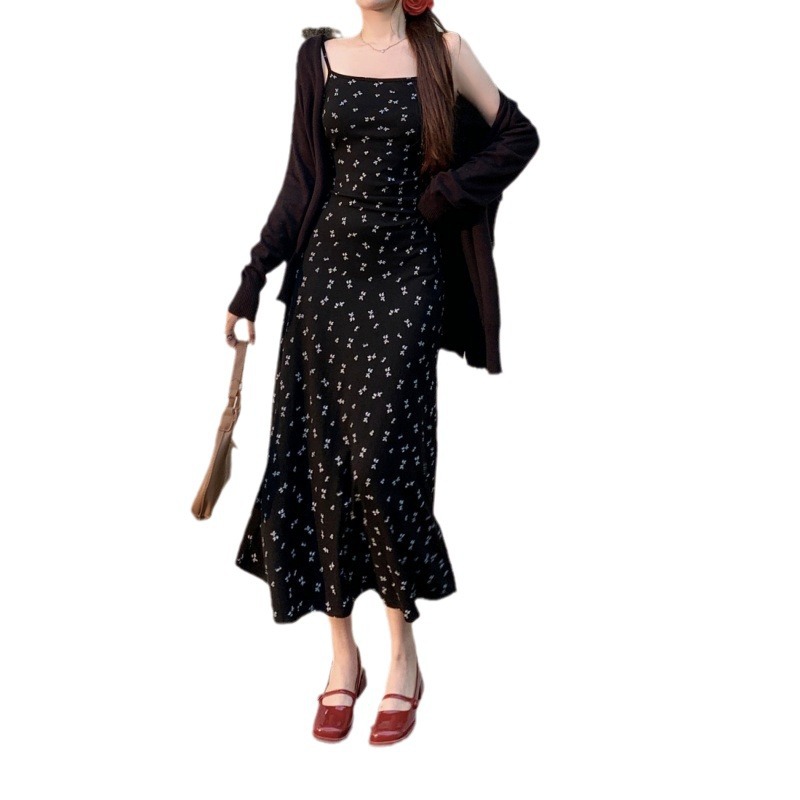 DJ55 Summer Long Suspender Dress Slim Fit Black Floral Dress