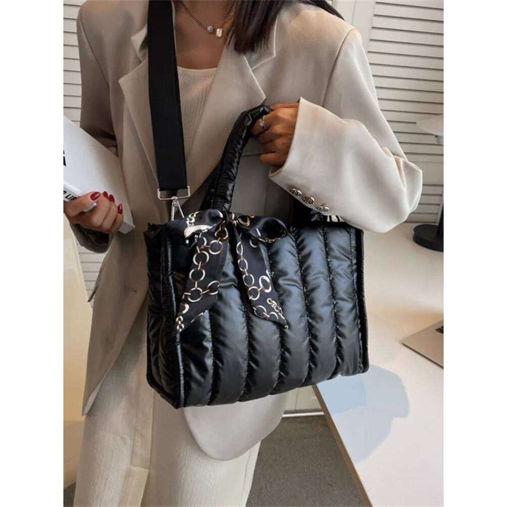 Elegant Totes with Silk Scarf Accent Quilted Crossbody Bags for Women Casual Solid Color Padded s Shoulder Bag