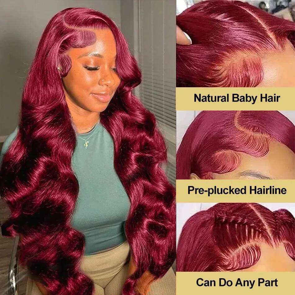 Body Wave Human Hair 99J Bury 13x6 Frontal Wigs 28 30 32 Inch 13x4 Lace Front Wig Red HD Transparent Wine Brazilian