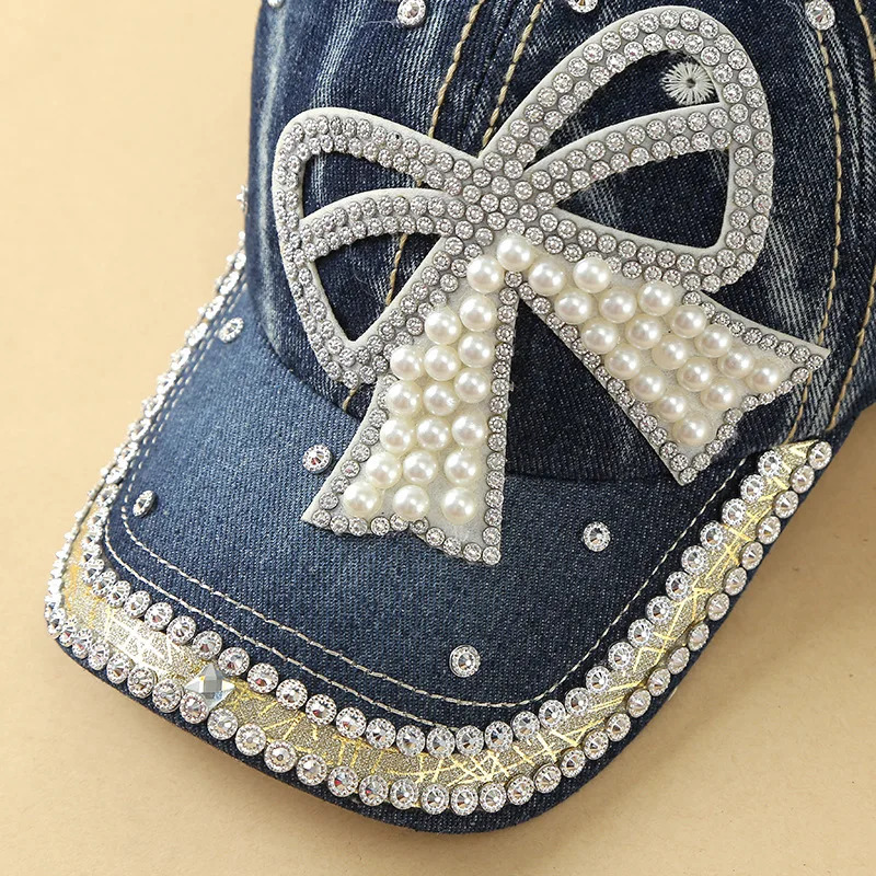 Adjustable Denim Baseball Caps with Pearl-Embellished Bow Sun Protection Handmade Diamond Stitching - Versatile Hats 250603
