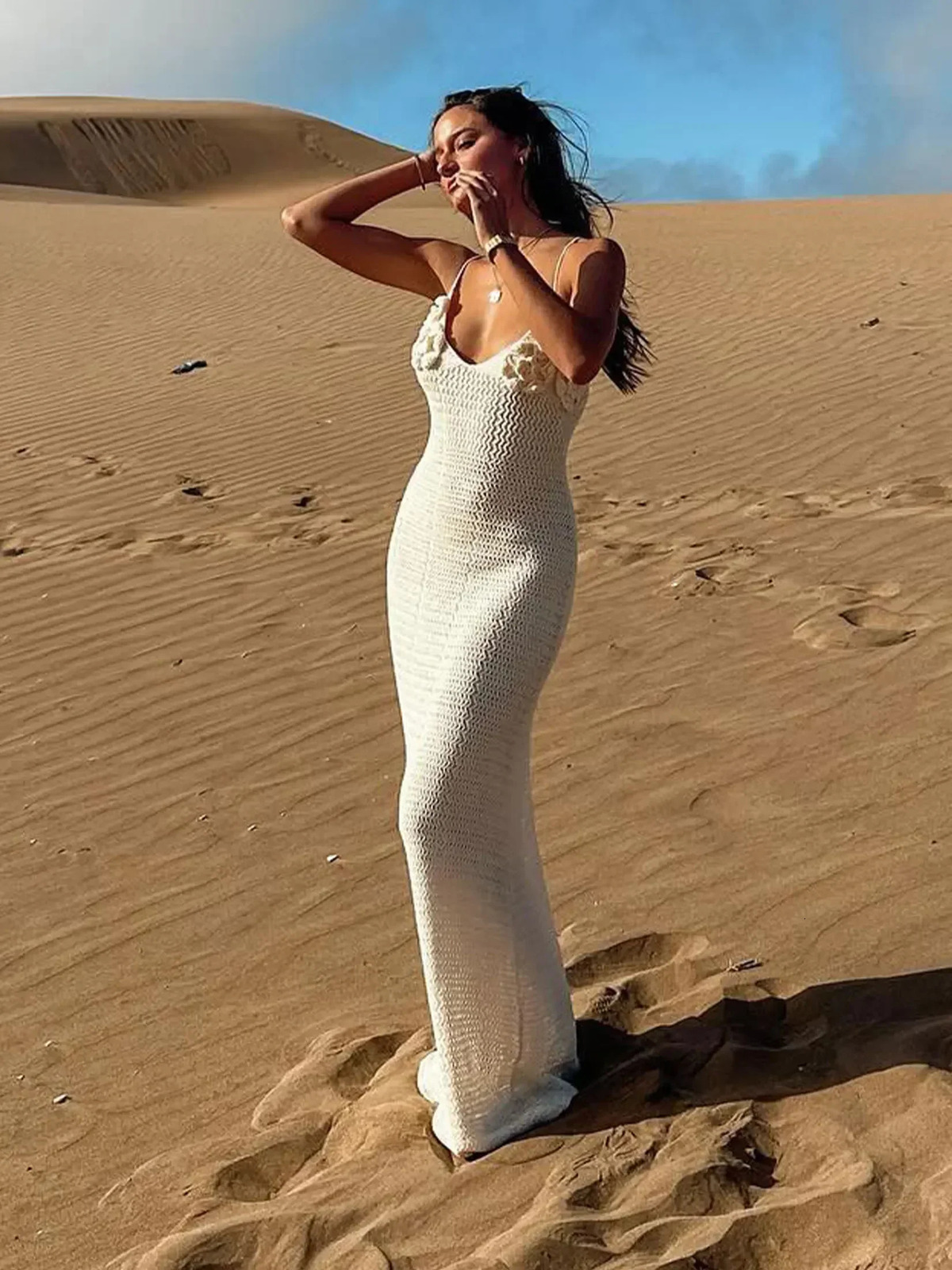 White Knit Cut Out Spaghetti Strap Flower Long Dress Sexy V Neck Bodycon Beach Maxi Dress 2025 Summer Women Holiday Outfit K79 250604