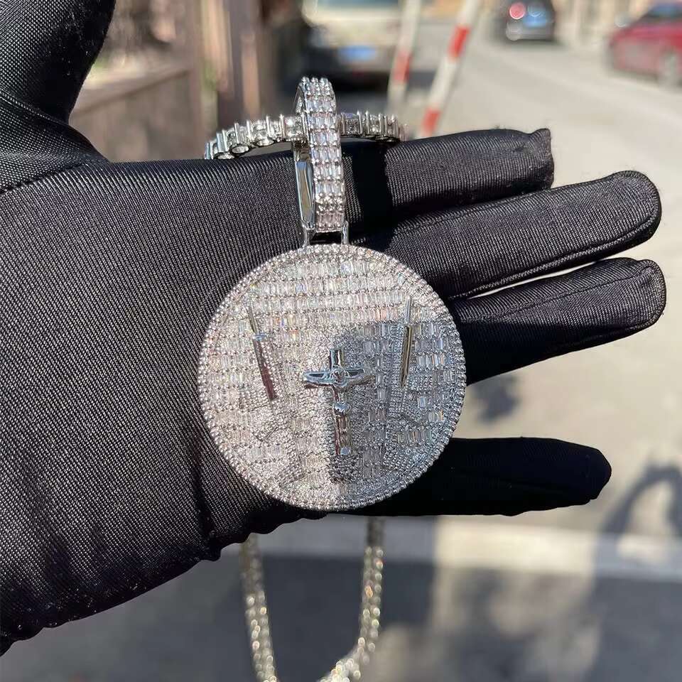 Iced Out Baguette Cut Moissanite Diamond Jesus Gun Pendant Hip Hop Jewelry Necklace Trendy Fashion Accessory For Men Women