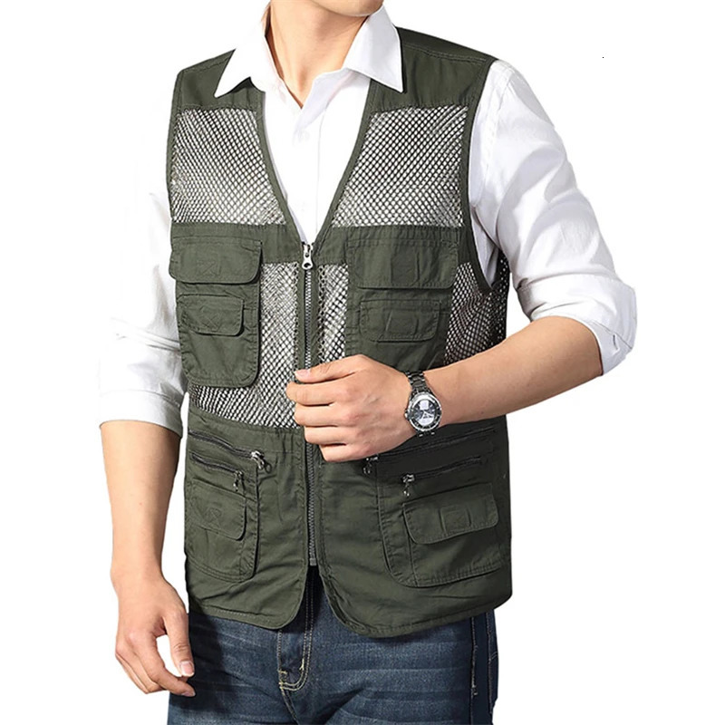 Large Size Mens Mesh Loose Vests MultiPockets Zipper QuickDrying Casual Male Outdoor Jacket Sleeveless Breathable Waistcoat 250605Z
