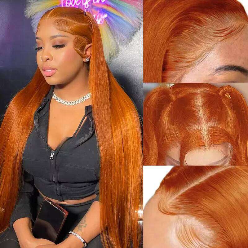 34 Inch Orange Ginger Front Wigs Human Hair For Women Straight 13x4 13x6 Lace Frontal Wig 350 Colored Pre Plucked Peruvian