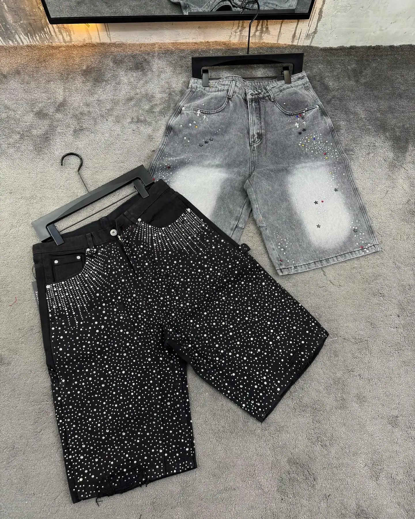 Vintage Denim Shorts Y2K Jeans Men Women Hiphop Rhinestone Sequins Glitter Baggy Short Low Rise Over The Knee Pants Casual Short 250604