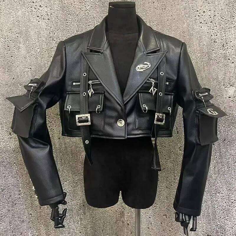 Gmiixder Punk Niche Original Metal Decoration Motorcycle PU Leather Jacket Short Coat Unisex Autumn 2024SS Streetwear